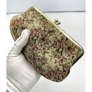 Vintage 1950s Floral Tapestry Clutch Handbag Purse kiss clasp gold accents